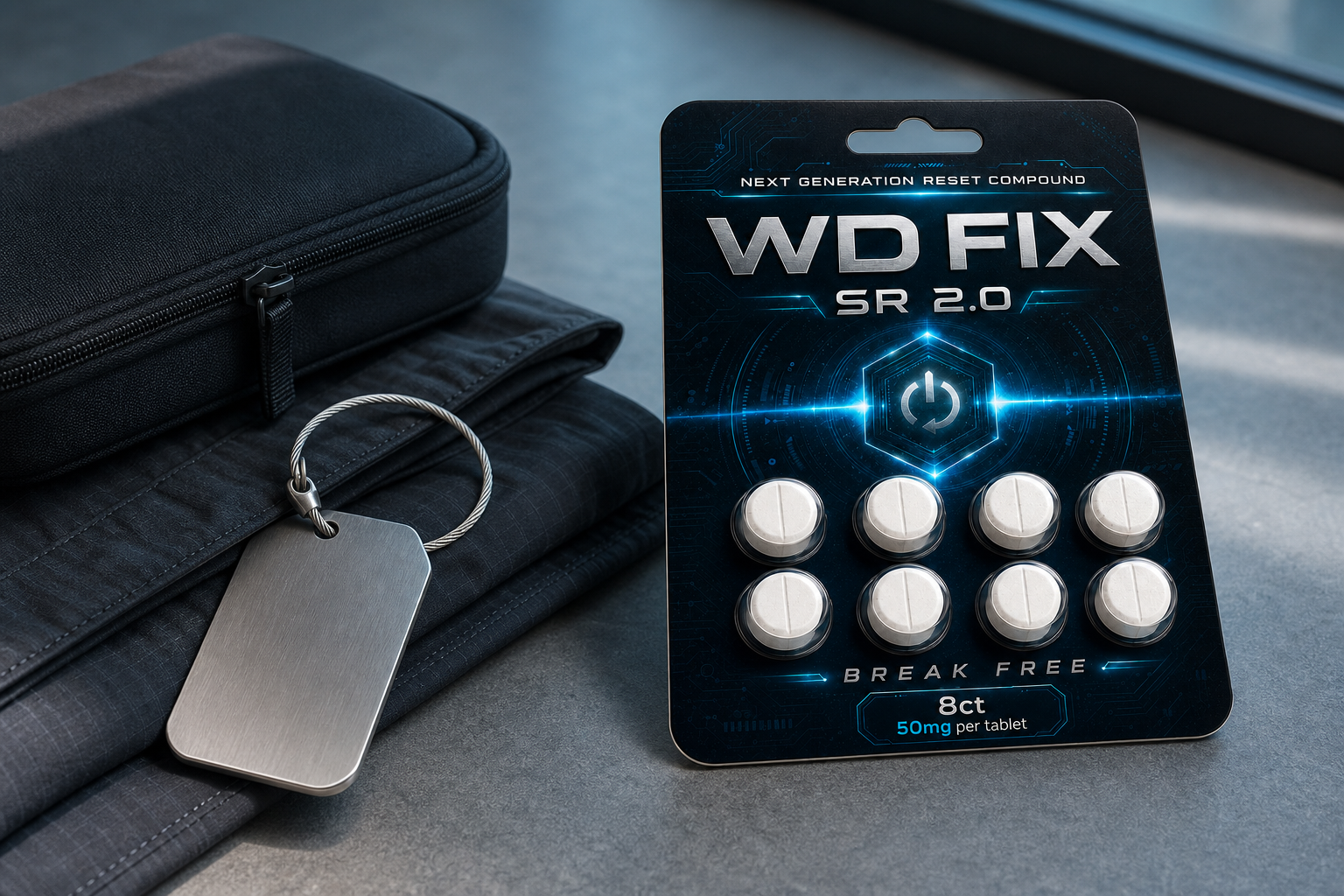 WD FIX 8ct pack beside a compact travel pouch